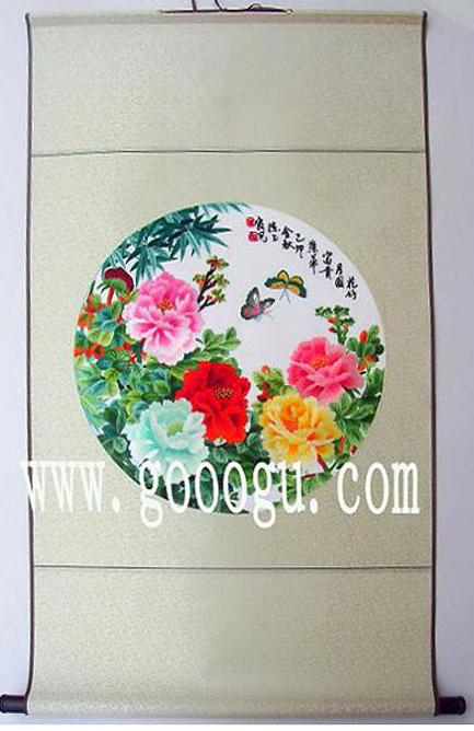 圓形牡丹刺繡畫(huà)，傳統(tǒng)天地桿蘇繡畫(huà)禮品